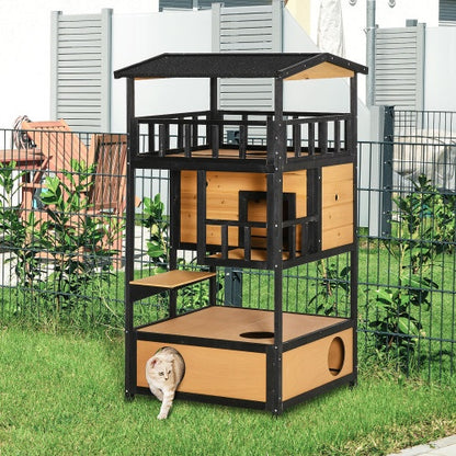 Wooden Outdoor Cat House, Wild Cat Shelter Kitten Tree