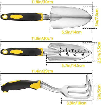 Gardening Hand Tools 3 Piece Set - Heavy Duty Garden Trowel, Transplanter, Hand Rake