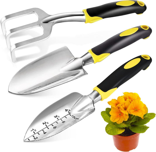 Gardening Hand Tools 3 Piece Set - Heavy Duty Garden Trowel, Transplanter, Hand Rake